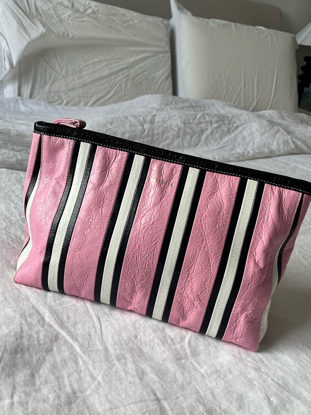 BALENCIAGA barbes zip pouch pink stripe